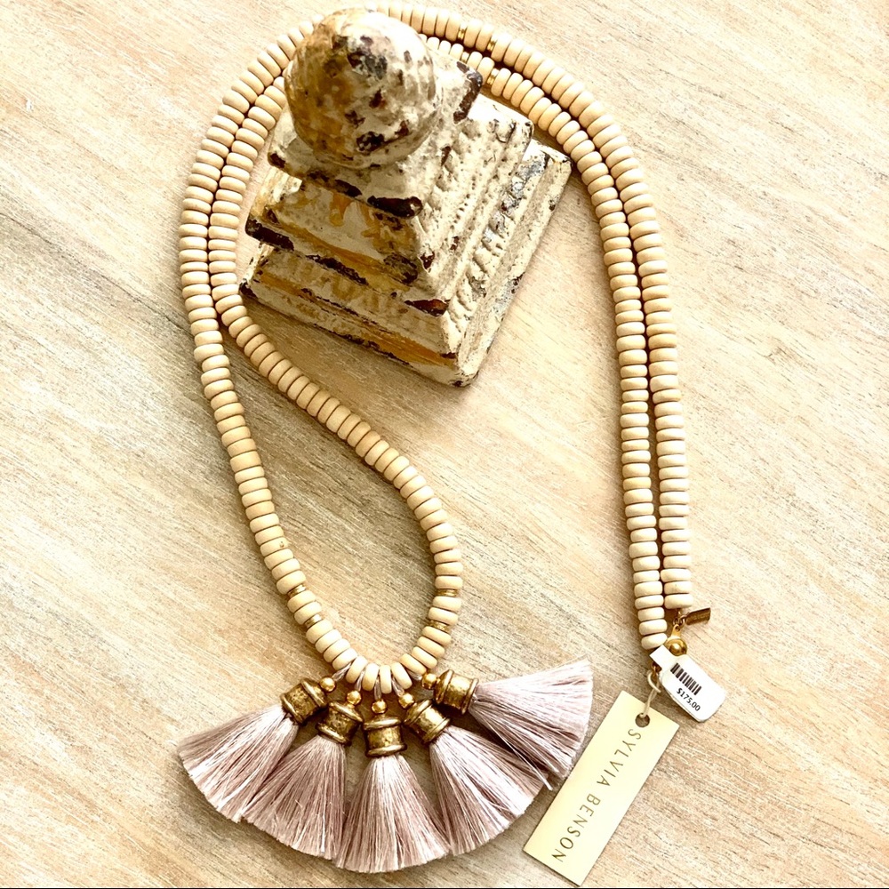 🔴SOLD -Sylvia Benson Natural Wood Beaded Tassel Necklace